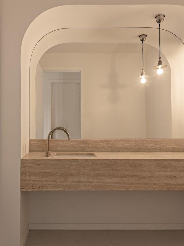 Custom xOx Integrated Travertine Vanity and Faucet Strommen Pegasi Tap Set in Brushed New Nickel